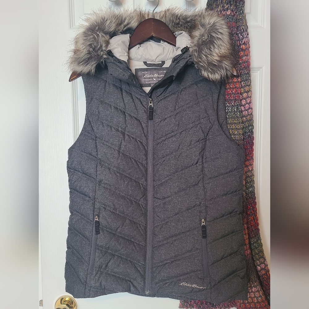 Eddie Bauer Gray Quilted Vest with Faux Fur Hood